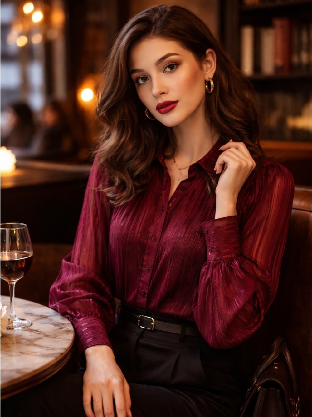 Express Burgundy Sheer Stripe Blouse XS Metallic Thread Button Romantic Boho